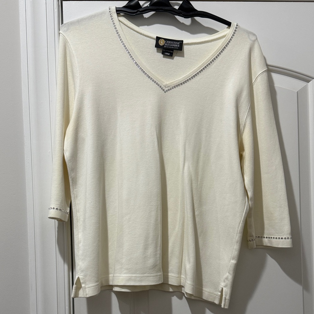 Christine Alexander Cream V-Neck Top with Rhinestone Trim